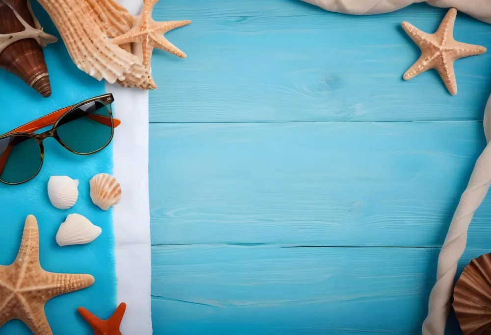 Seashells Starfish Sunglasses And Towel On A Blue Wooden Surface Summer Vacation Concept Beach Background 16 Afee