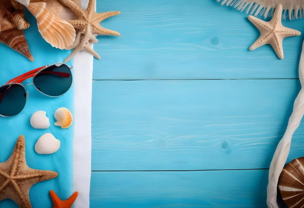 Seashells Starfish Sunglasses And Towel On A Blue Wooden Surface Summer Vacation Concept Beach Background 2 8145