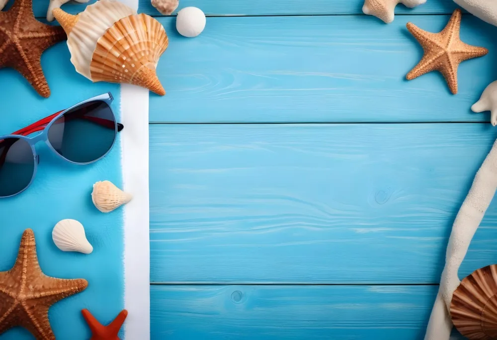Seashells Starfish Sunglasses And Towel On A Blue Wooden Surface Summer Vacation Concept Beach Background 25 729a