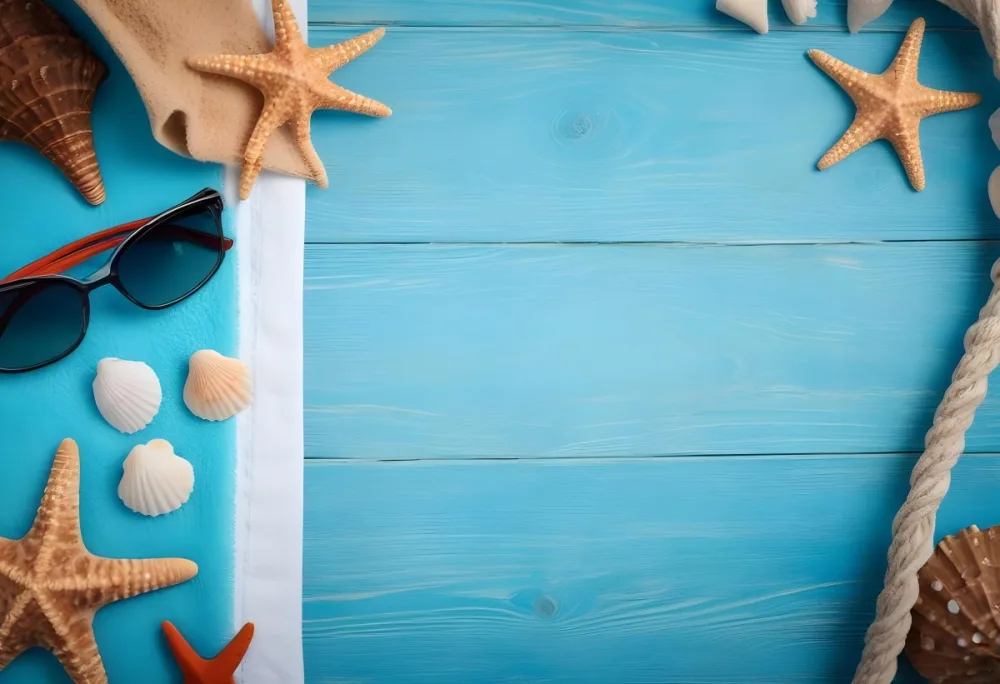 Seashells Starfish Sunglasses And Towel On A Blue Wooden Surface Summer Vacation Concept Beach Background 38 5b37