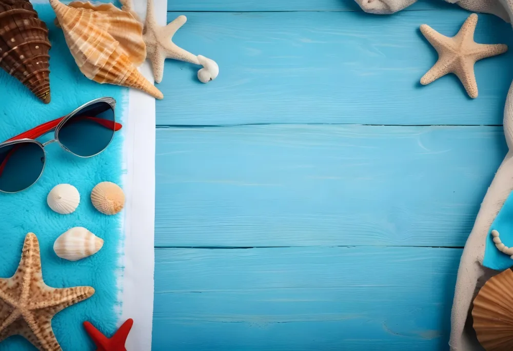 Seashells Starfish Sunglasses And Towel On A Blue Wooden Surface Summer Vacation Concept Beach Background 54 42d3