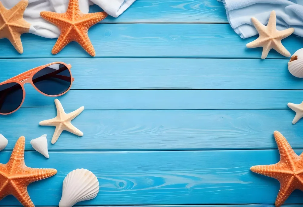 Seashells Starfish Sunglasses And Towel On A Blue Wooden Surface Summer Vacation Concept Beach Background 57 Ec2f