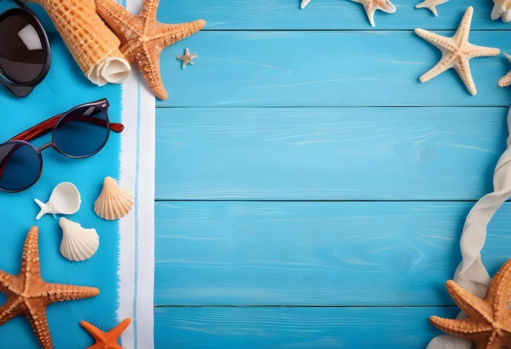 Seashells Starfish Sunglasses And Towel On A Blue Wooden Surface Summer Vacation Concept Beach Background 59 988d