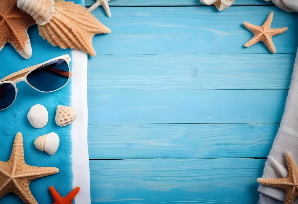 Seashells Starfish Sunglasses And Towel On A Blue Wooden Surface Summer Vacation Concept Beach Background 60 2ae6