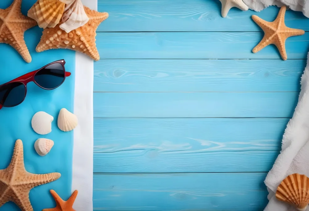 Seashells Starfish Sunglasses And Towel On A Blue Wooden Surface Summer Vacation Concept Beach Background 61 Ae4b