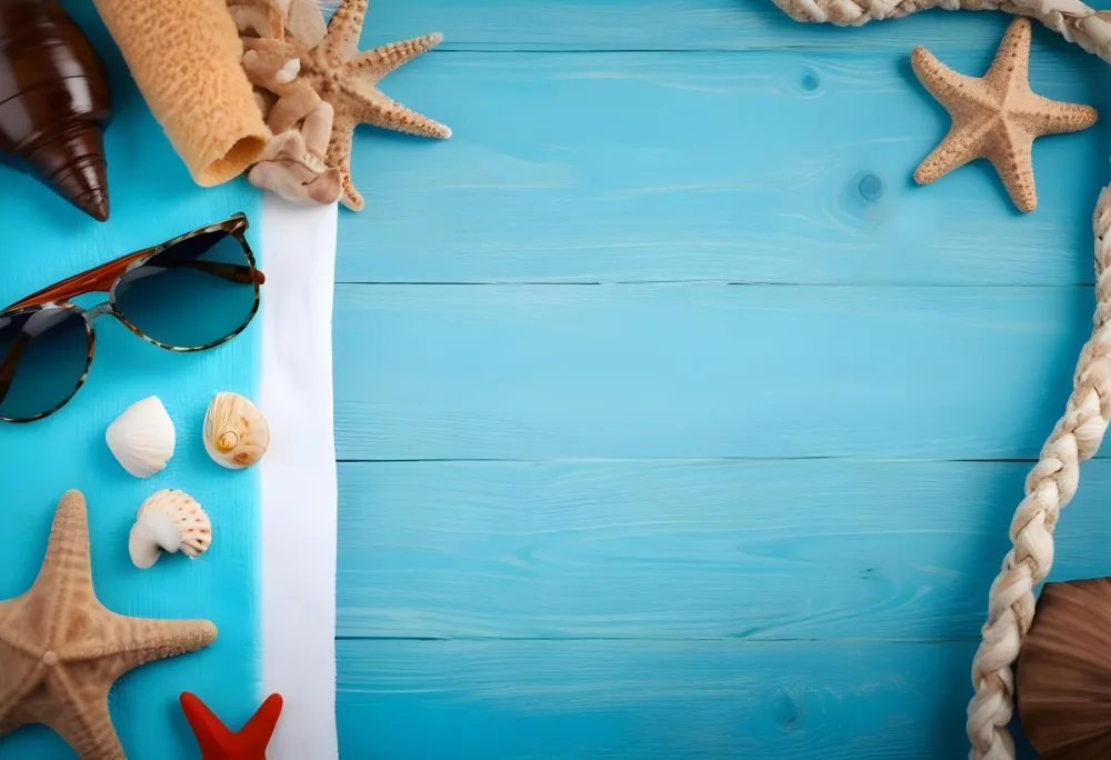 Seashells Starfish Sunglasses And Towel On A Blue Wooden Surface Summer Vacation Concept Beach Background 8 A87a
