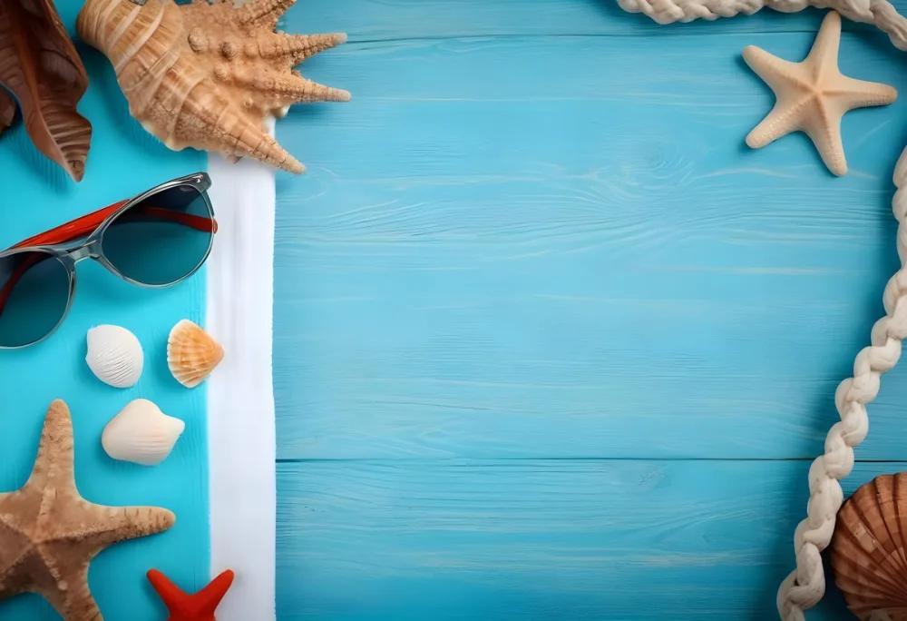 Seashells Starfish Sunglasses And Towel On A Blue Wooden Surface Summer Vacation Concept Beach Background 9 5279