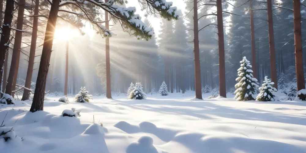 Snowy Landscape With Pine Branches Snow Falling And Sunlight Shining Through The Trees In A Winter Forest 15 7cca