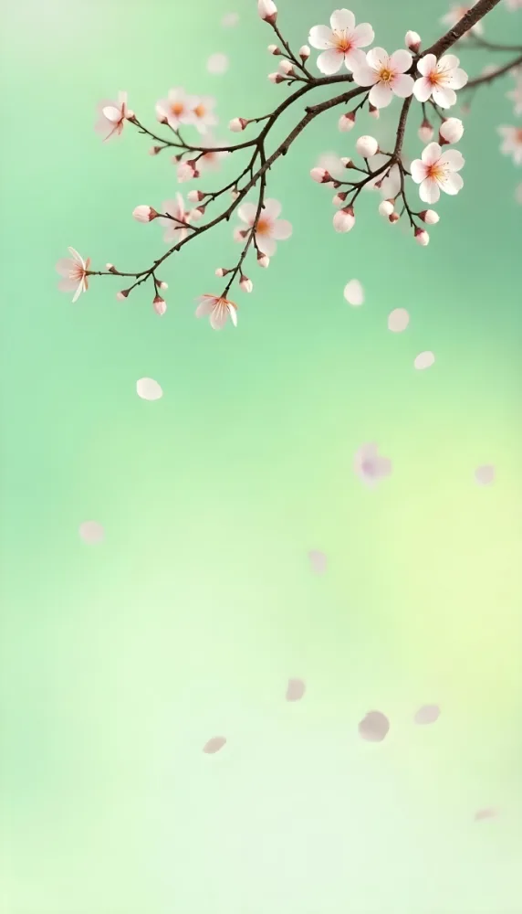 Soft Pink Petals Floating In The Air Against A Blurred Mint Green Background 14