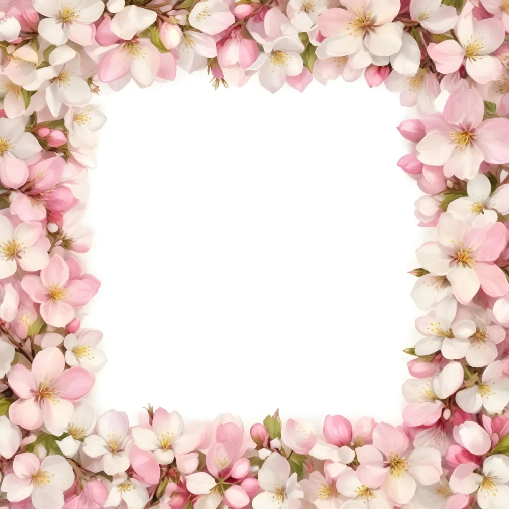 Square Frame Made Of Pink And White Apple Blossoms Delicate Petals And Yellow Stamens Creating A Border Around A White Background 23 97d5