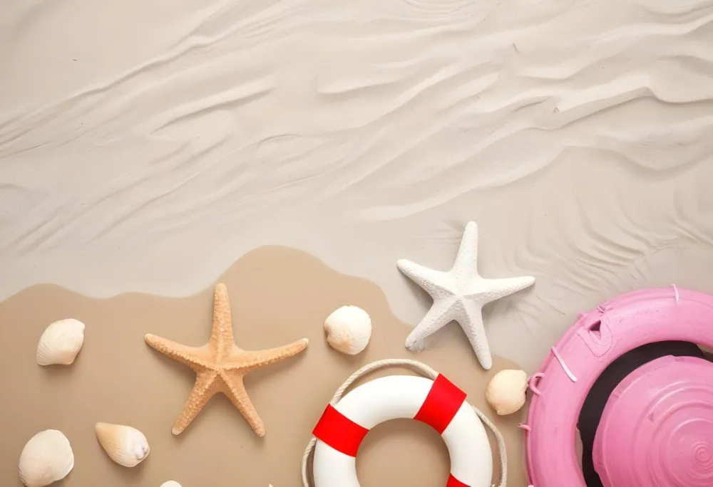 Starfish Seashells Red Sunglasses A Red And White Life Buoy And A Red Hat On The Sand Wooden Background 24 73ae