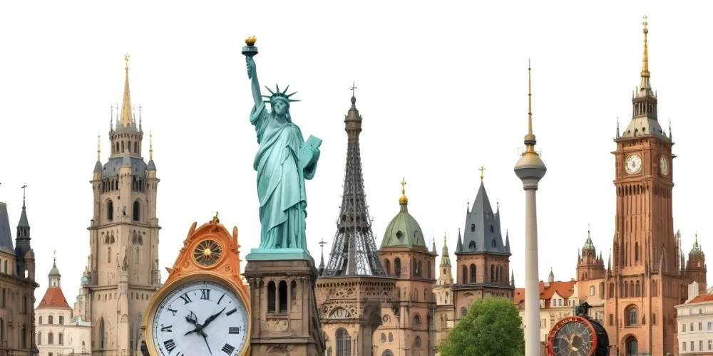 Statue Of Liberty Eiffel Tower Saint Basil S Cathedral Prague Astronomical Clock And Berlin Tv Tower On A White Background 13 04cd