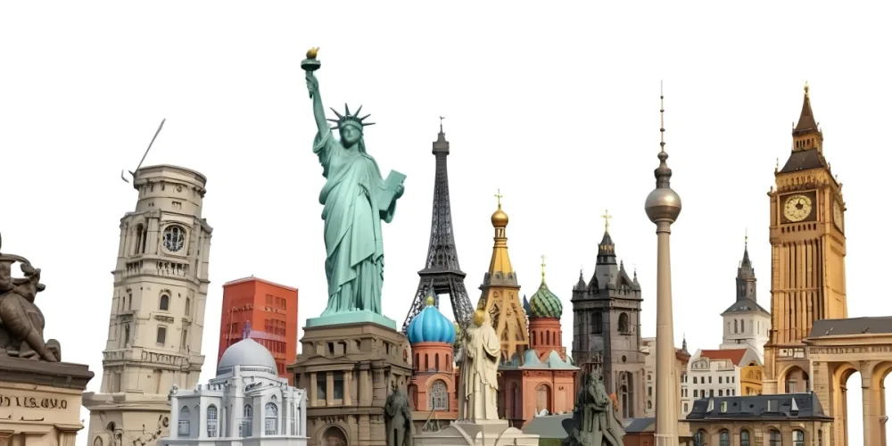 Statue Of Liberty Eiffel Tower Saint Basil S Cathedral Prague Astronomical Clock And Berlin Tv Tower On A White Background 14 E588