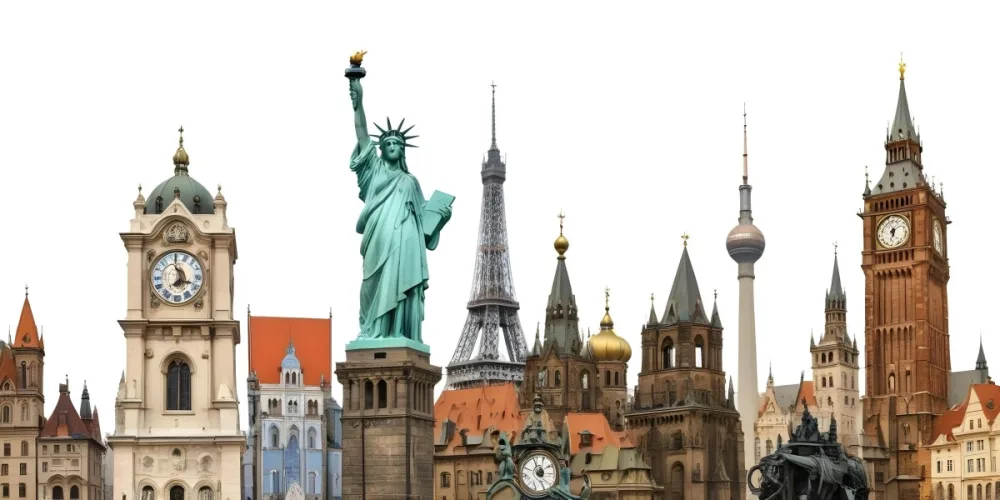 Statue Of Liberty Eiffel Tower Saint Basil S Cathedral Prague Astronomical Clock And Berlin Tv Tower On A White Background 15 5c0c