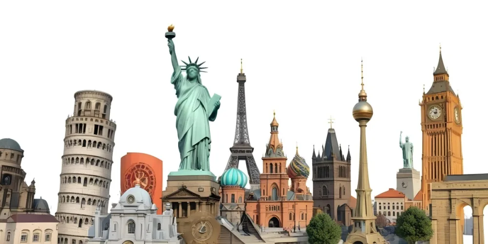 Statue Of Liberty Eiffel Tower Saint Basil S Cathedral Prague Astronomical Clock And Berlin Tv Tower On A White Background 18 4066