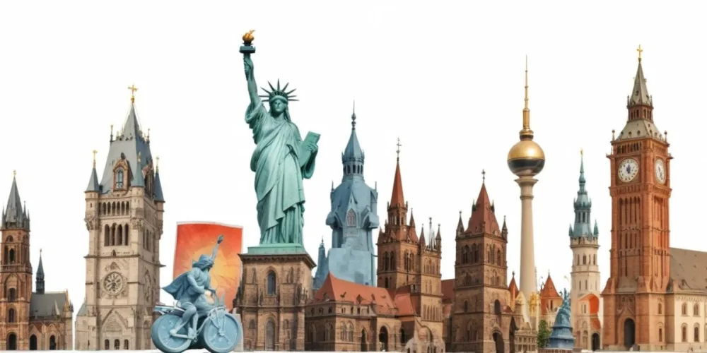 Statue Of Liberty Eiffel Tower Saint Basil S Cathedral Prague Astronomical Clock And Berlin Tv Tower On A White Background 2 8ffc