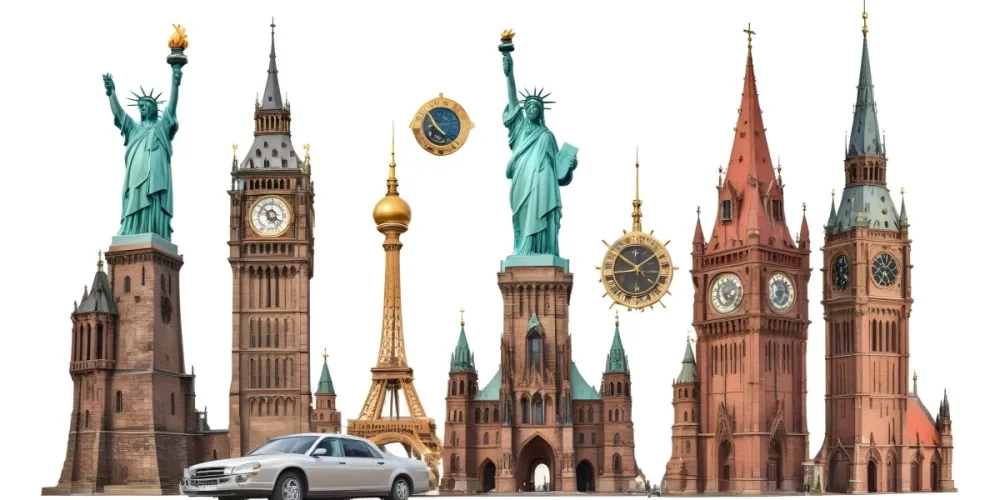 Statue Of Liberty Eiffel Tower Saint Basil S Cathedral Prague Astronomical Clock And Berlin Tv Tower On A White Background 22 9ddb