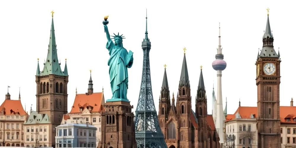 Statue Of Liberty Eiffel Tower Saint Basil S Cathedral Prague Astronomical Clock And Berlin Tv Tower On A White Background 27 D6fb