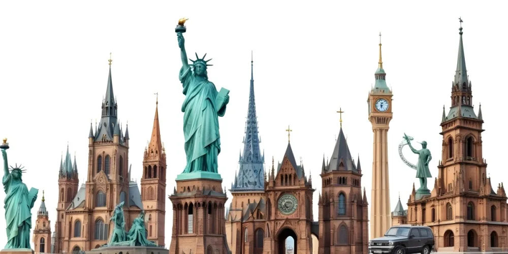 Statue Of Liberty Eiffel Tower Saint Basil S Cathedral Prague Astronomical Clock And Berlin Tv Tower On A White Background 28 A094