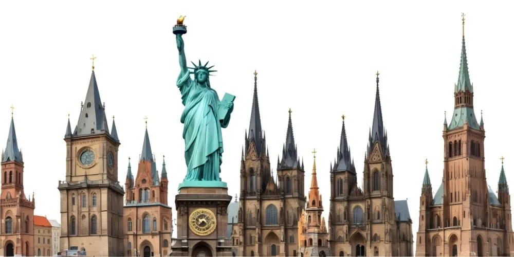 Statue Of Liberty Eiffel Tower Saint Basil S Cathedral Prague Astronomical Clock And Berlin Tv Tower On A White Background 29 D963