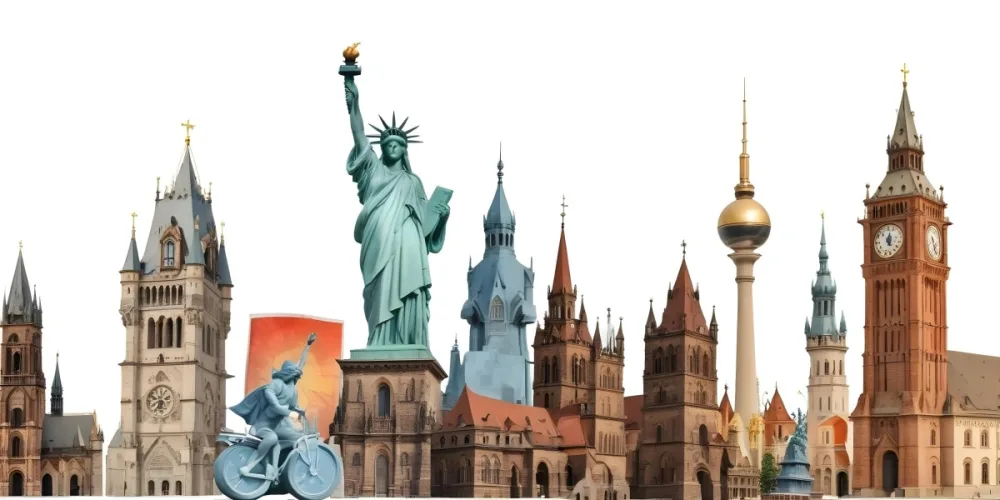 Statue Of Liberty Eiffel Tower Saint Basil S Cathedral Prague Astronomical Clock And Berlin Tv Tower On A White Background 3 C304