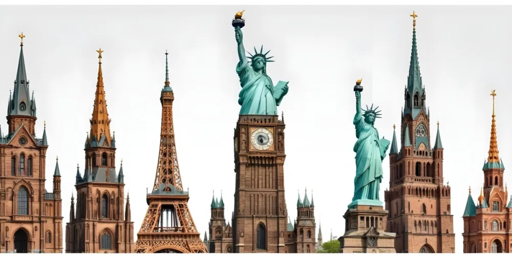 Statue Of Liberty Eiffel Tower Saint Basil S Cathedral Prague Astronomical Clock And Berlin Tv Tower On A White Background 30 57c9