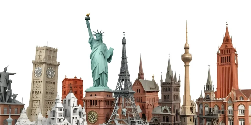 Statue Of Liberty Eiffel Tower Saint Basil S Cathedral Prague Astronomical Clock And Berlin Tv Tower On A White Background 4 D6ac