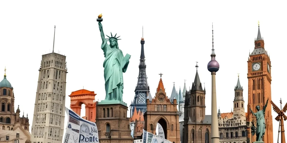 Statue Of Liberty Eiffel Tower Saint Basil S Cathedral Prague Astronomical Clock And Berlin Tv Tower On A White Background 5 2c65