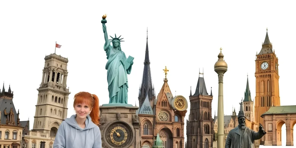 Statue Of Liberty Eiffel Tower Saint Basil S Cathedral Prague Astronomical Clock And Berlin Tv Tower On A White Background 7 E3a1