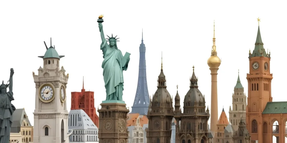 Statue Of Liberty Eiffel Tower Saint Basil S Cathedral Prague Astronomical Clock And Berlin Tv Tower On A White Background 8 4a38