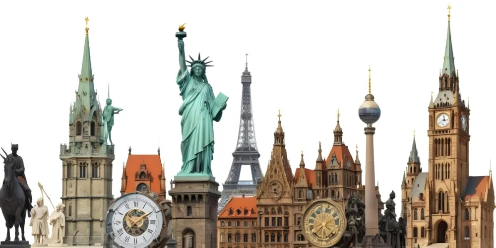 Statue Of Liberty Eiffel Tower Saint Basil S Cathedral Prague Astronomical Clock And Berlin Tv Tower On A White Background 9 1f43