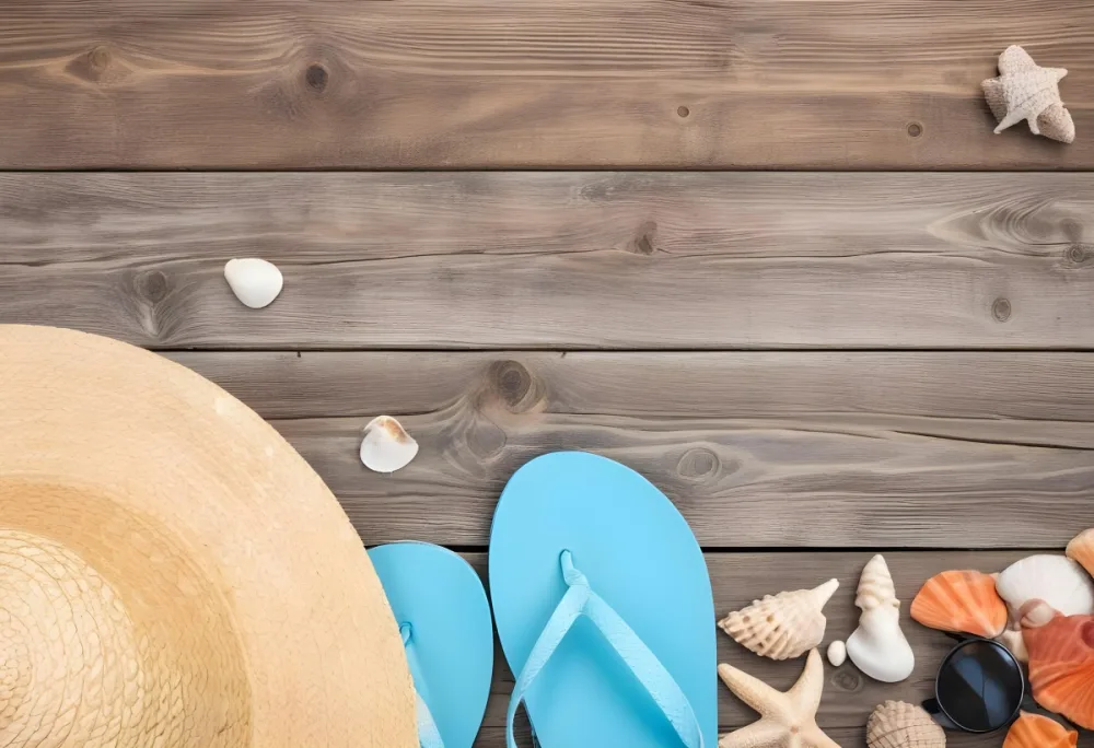Straw Hat And Blue Flip Flops With Seashells On A Wooden Surface Summer Vacation Concept Beach Accessories Travel Essentials Top View 26 Afec