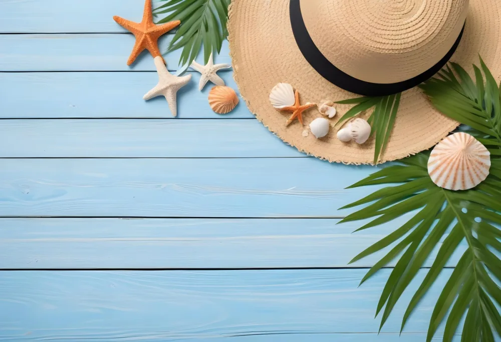 Straw Hat Seashells Starfish And Palm Leaves