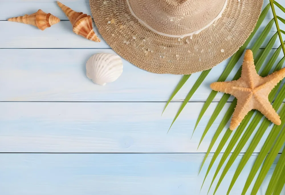 Straw Hat Seashells Starfish And Palm Leaves On A Blue Wooden Table Summer Vacation Concept Beach Background 27 D950