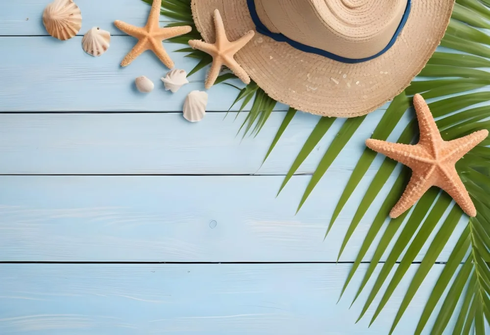 Straw Hat Seashells Starfish And Palm Leaves On A Blue Wooden Table Summer Vacation Concept Beach Background 30 417d