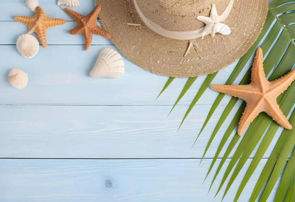 Straw Hat Seashells Starfish And Palm Leaves On A Blue Wooden Table Summer Vacation Concept Beach Background 32 9105