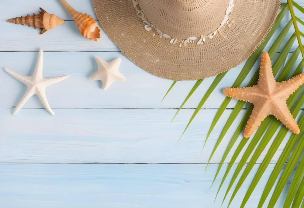 Straw Hat Seashells Starfish And Palm Leaves On A Blue Wooden Table Summer Vacation Concept Beach Background 36 4fc6