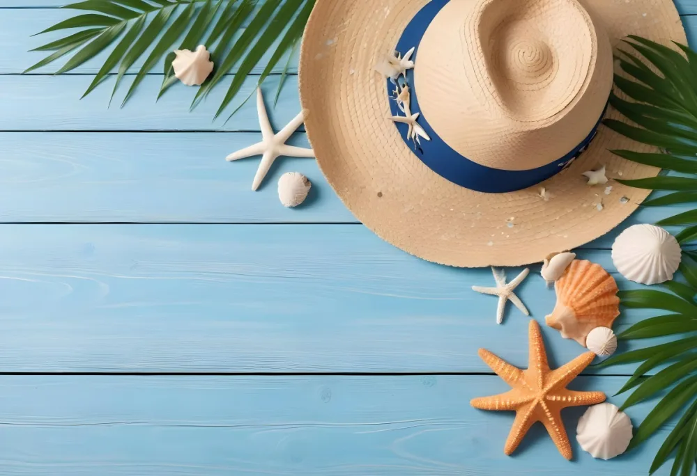 Straw Hat Seashells Starfish And Palm Leaves On A Blue Wooden Table Summer Vacation Concept Beach Background 4 Ba79