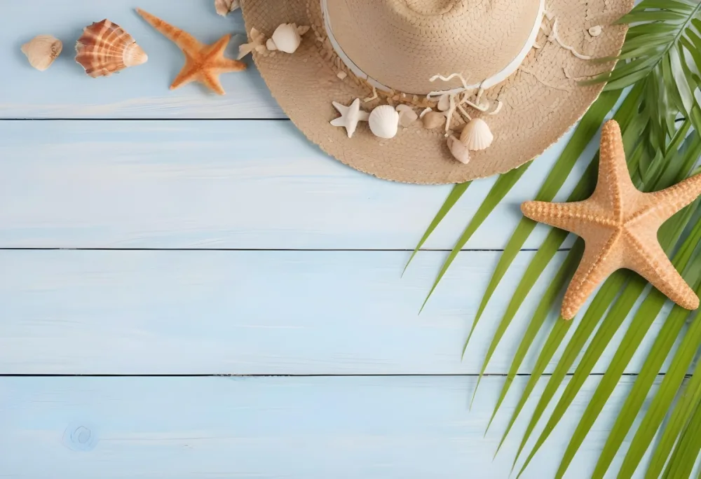 Straw Hat Seashells Starfish And Palm Leaves On A Blue Wooden Table Summer Vacation Concept Beach Background 42 3fbe