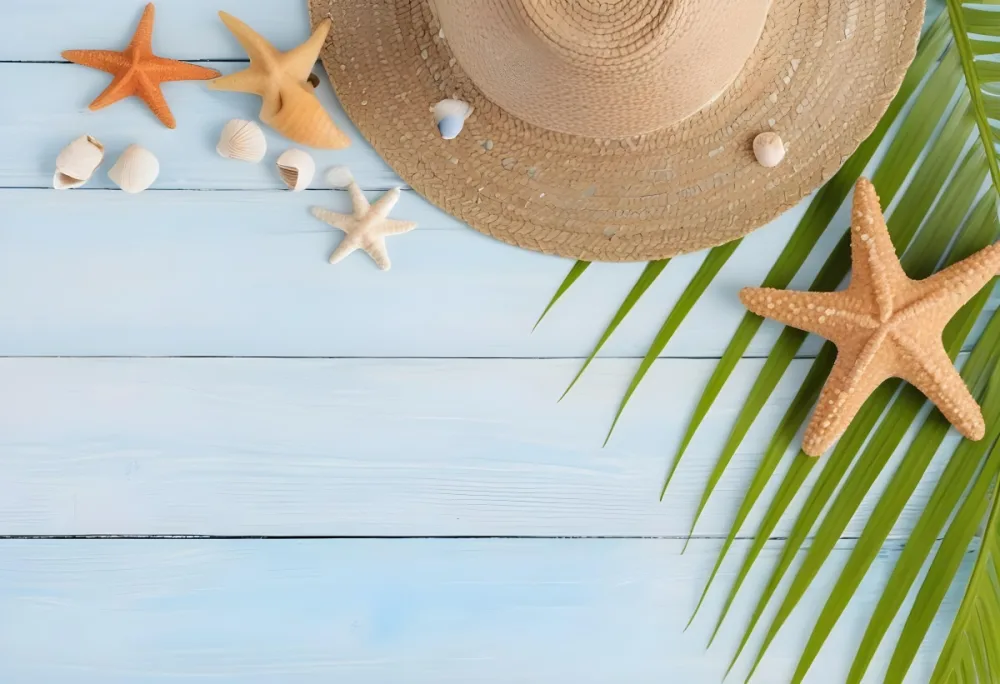 Straw Hat Seashells Starfish And Palm Leaves On A Blue Wooden Table Summer Vacation Concept Beach Background 44 716f