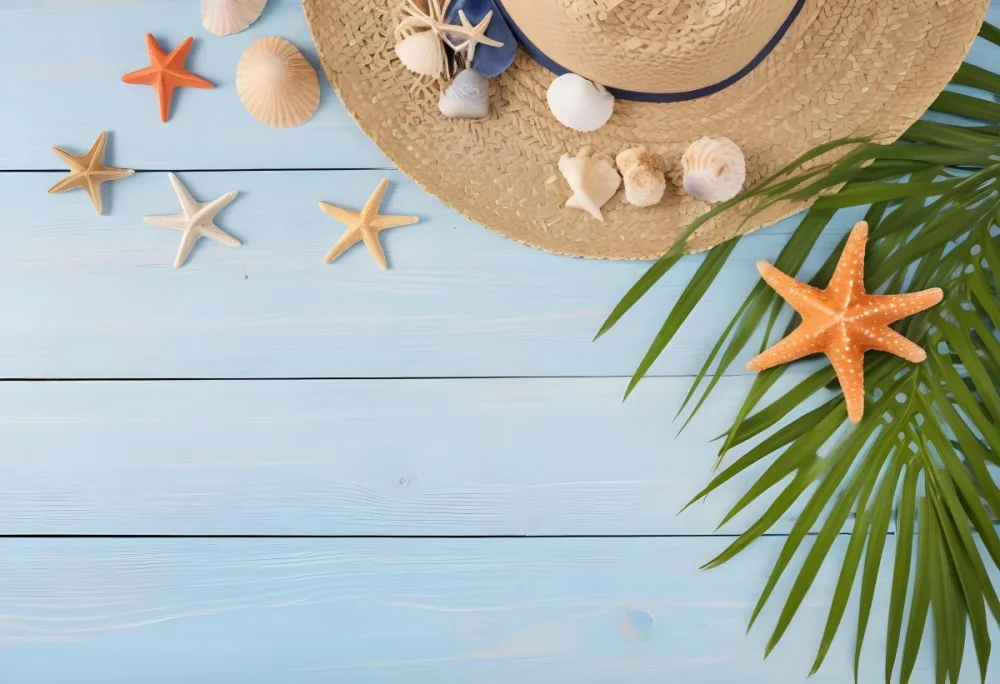 Straw Hat Seashells Starfish And Palm Leaves On A Blue Wooden Table Summer Vacation Concept Beach Background 47 72f0