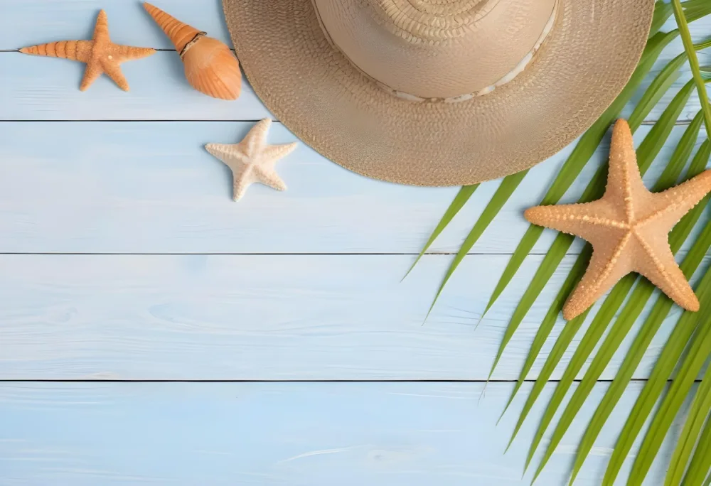 Straw Hat Seashells Starfish And Palm Leaves On A Blue Wooden Table Summer Vacation Concept Beach Background 48 271a