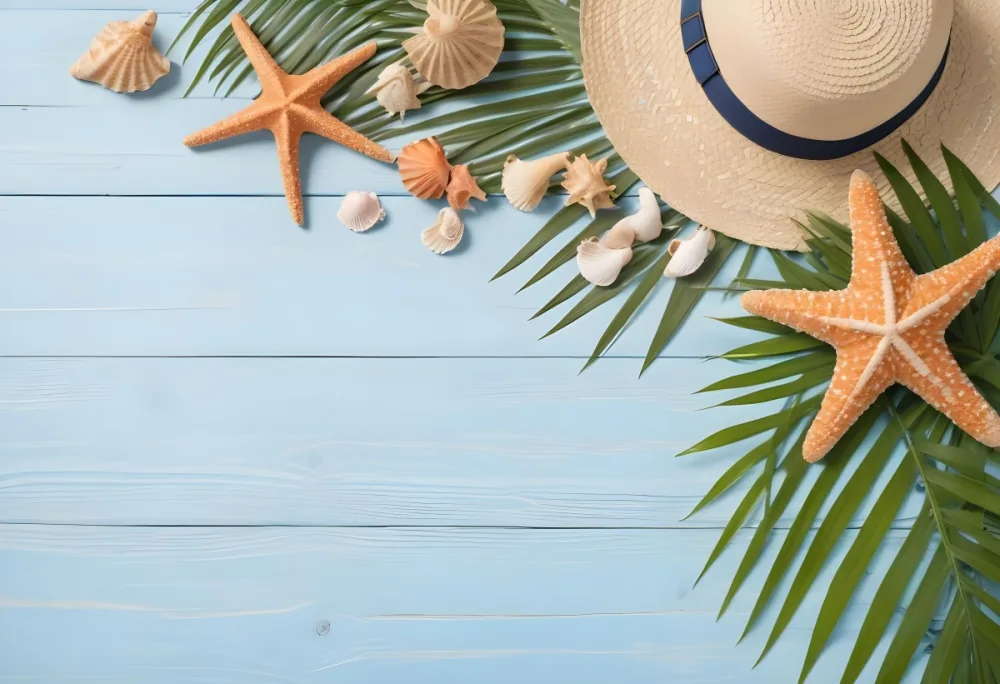 Straw Hat Seashells Starfish And Palm Leaves On A Blue Wooden Table Summer Vacation Concept Beach Background 6 53ff