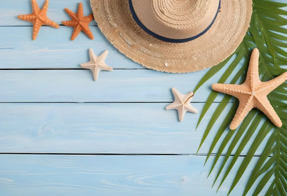 Straw Hat Seashells Starfish And Palm Leaves On A Blue Wooden Table Summer Vacation Concept Beach Background 8 A14b