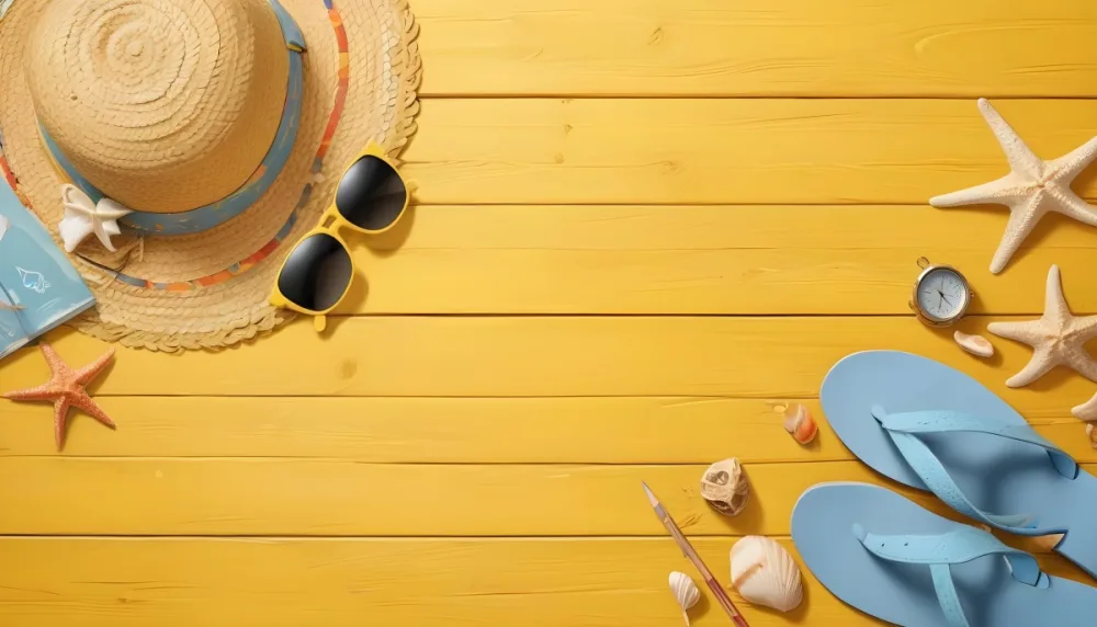 Straw Hat Sunglasses Compass Shells Starfish And Sandals On A Yellow Wooden Surface Summer Vacation Concept 2 Eeb1