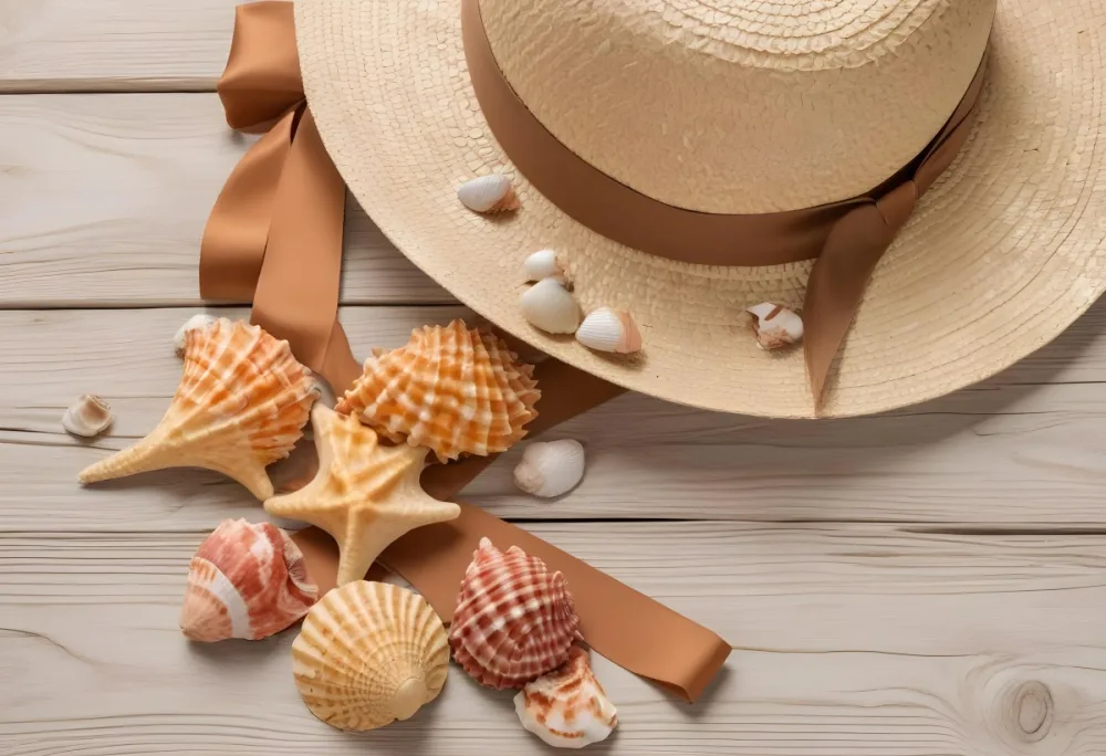 Straw Hat With A Brown Ribbon And Seashells Of Different Colors On A Wooden Surface 22 Bdaf