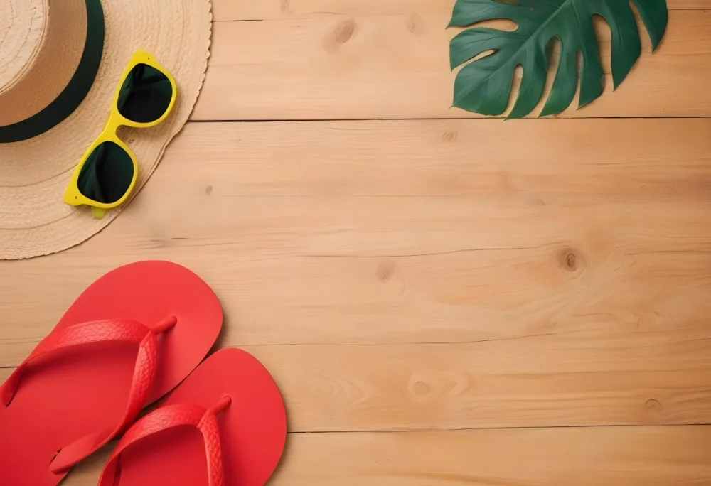 Straw Hat With A Brown Ribbon And Seashells Of Different Colors On A Wooden Surface 51 3624
