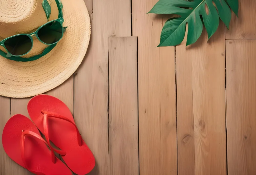 Straw Hat With A Brown Ribbon And Seashells Of Different Colors On A Wooden Surface 67 19d4