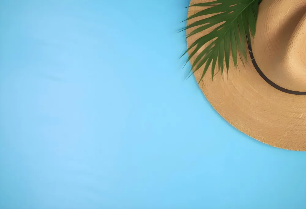 Straw Hat With A Green Palm Leaf On A Blue Wooden Table Summer Vacation Concept Tropical Vibes Vibrant Colors Top Down Perspective Bright Sunlight 22 8e5e