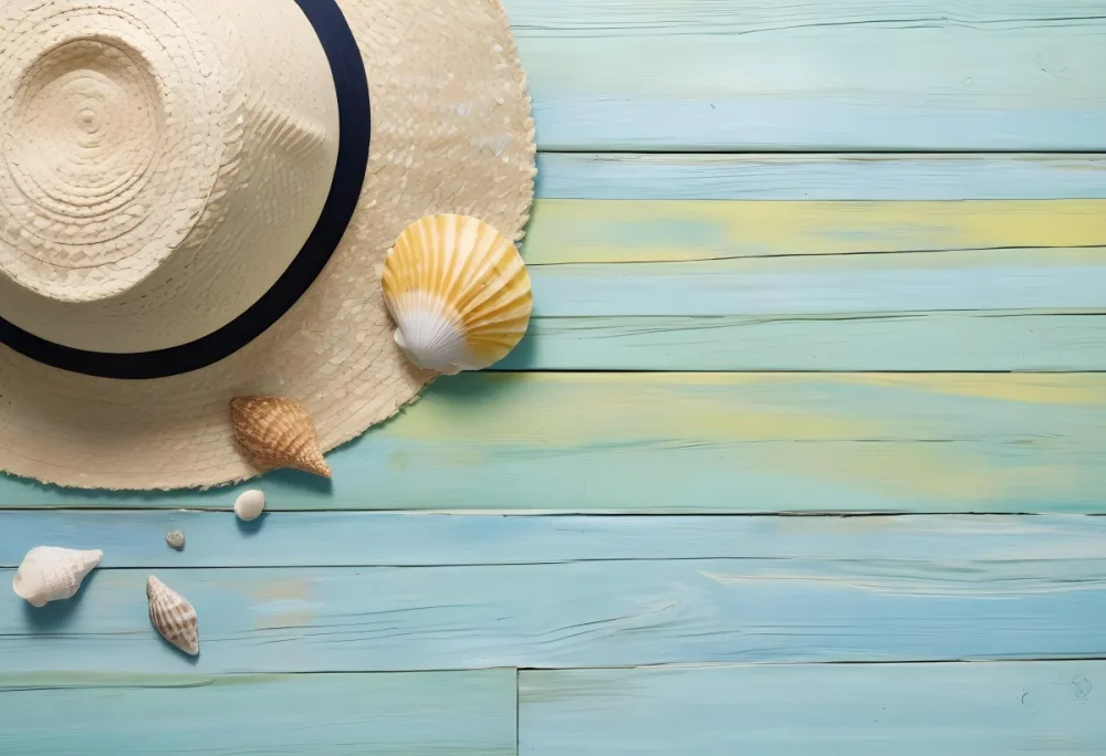 Straw Hat With Sunglasses A Monstera Leaf And A Starfish On A Light Blue Wooden Table Summer Vacation Concept Flat Lay 11 7a48